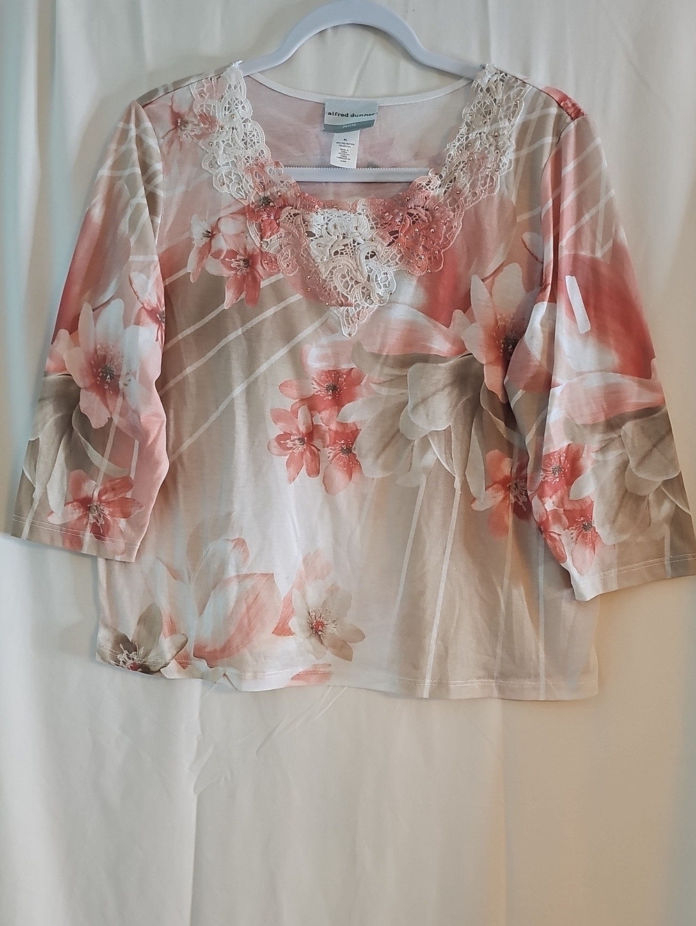 Alfred Dunner Pink Floral Lace-Trim 3/4 Sleeve Tunic